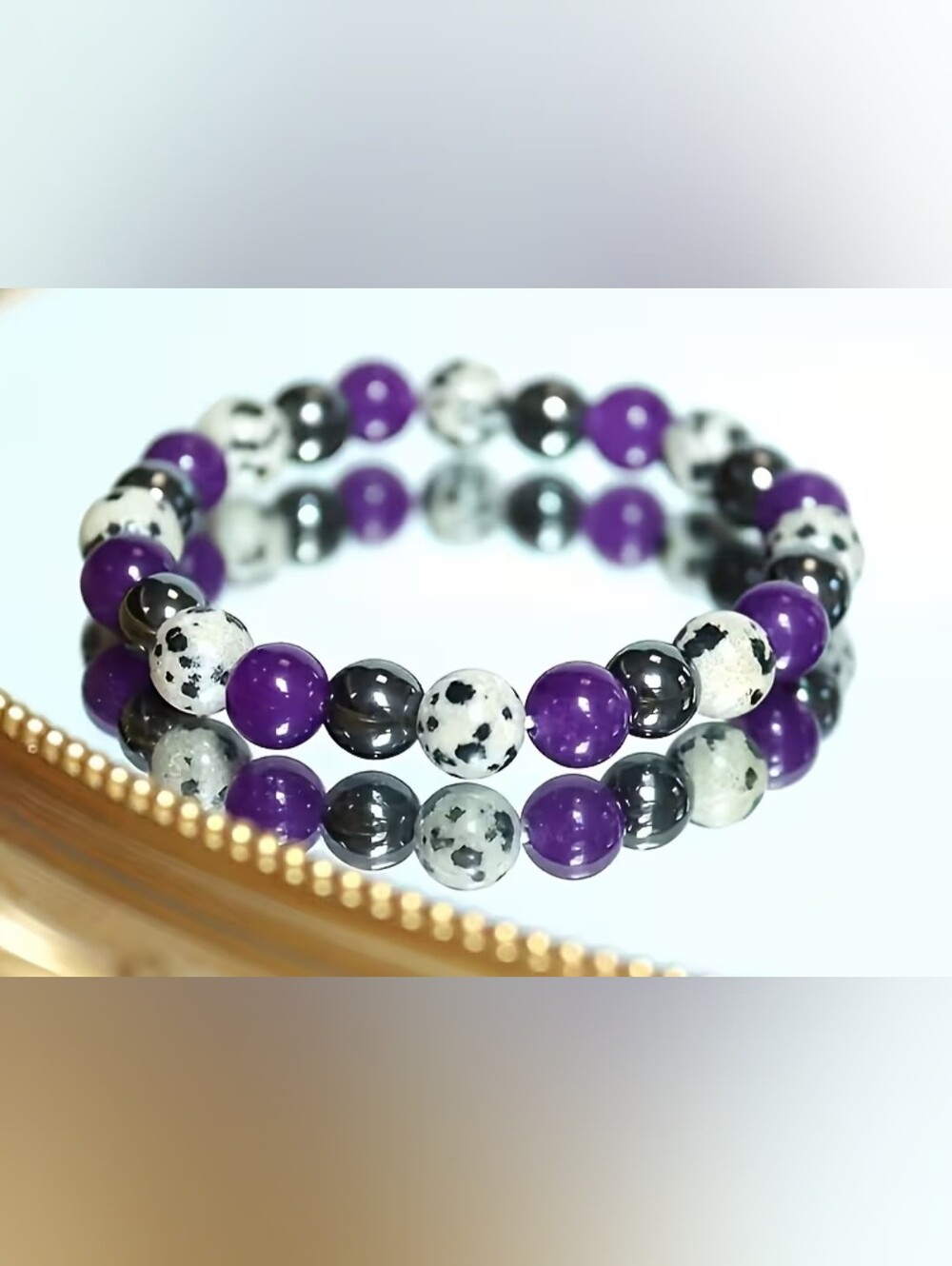 ✨ Black Onyx, Dalmatian Jasper & purple crystal-style Stretch Beaded Bracelet ✨